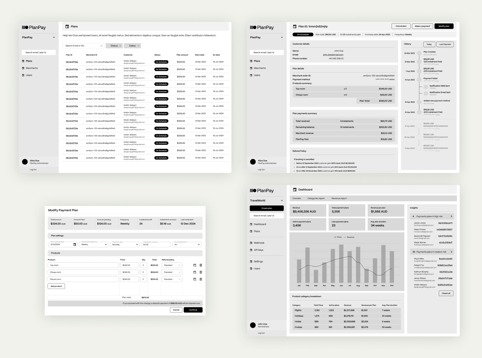 PlanPay Merchant portal wireframes